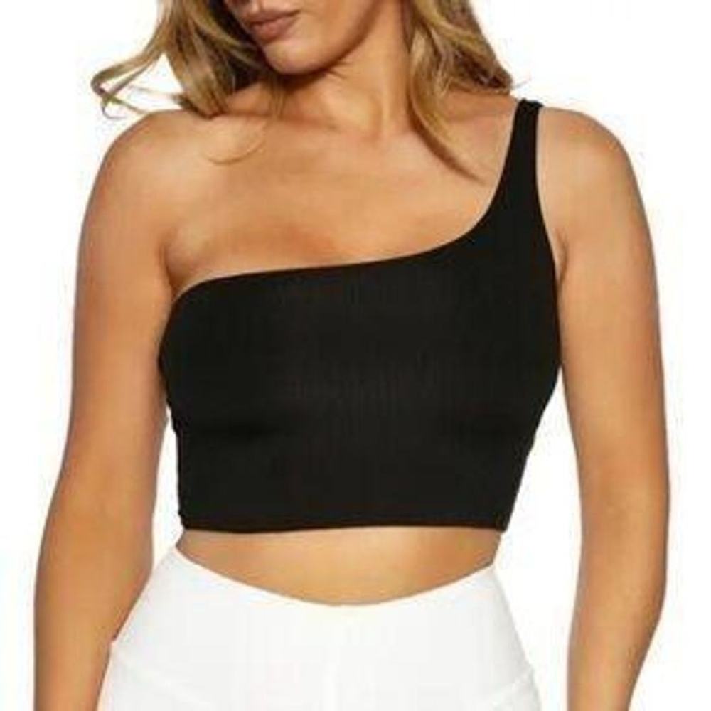 NAKED WARDROBE Black Ribbed Cropped One Shoulder Top Size XS